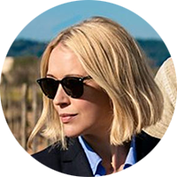 portrait of a blonde woman wearing sunglasses.